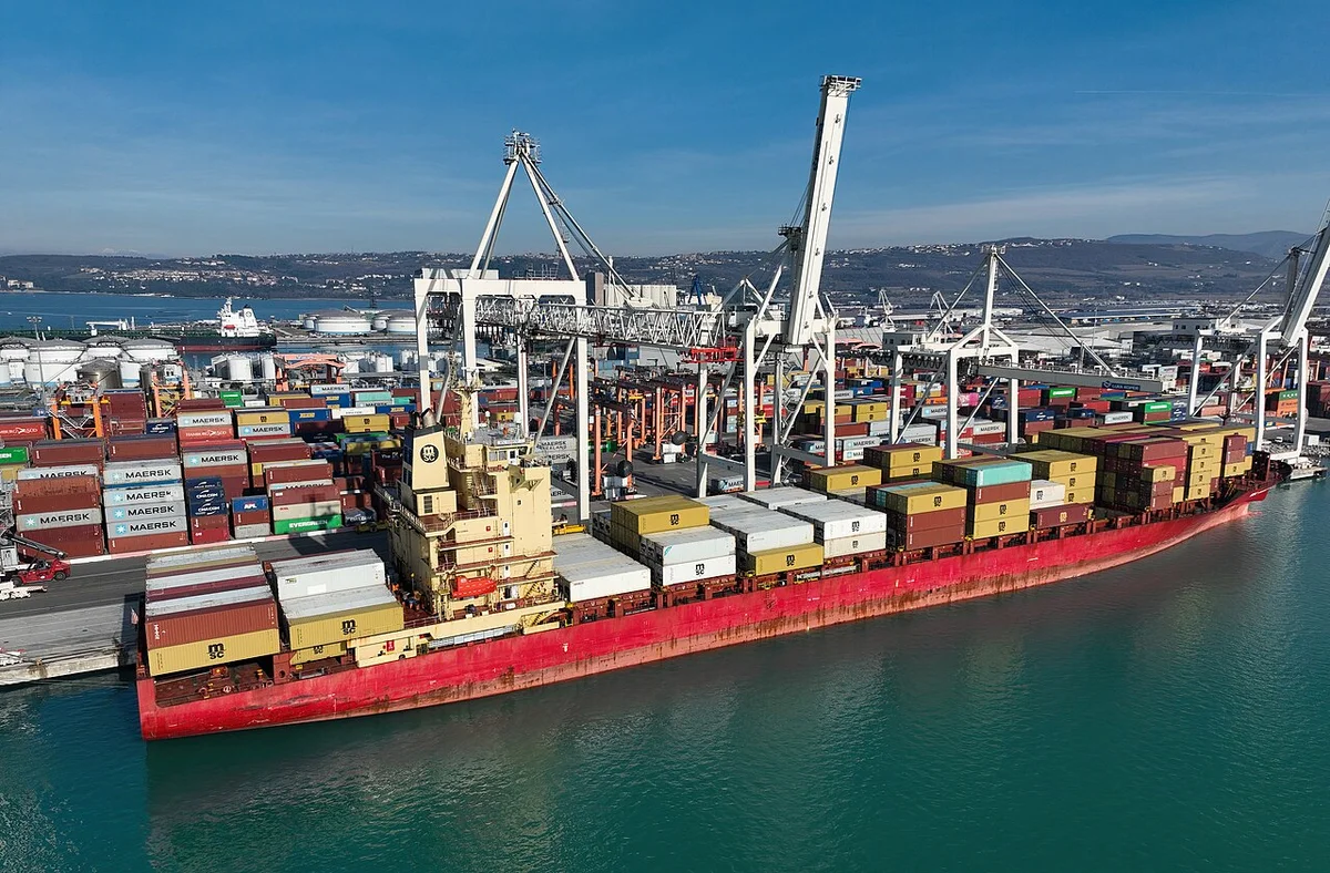 Cargo ship at port ready for steel export shipment
