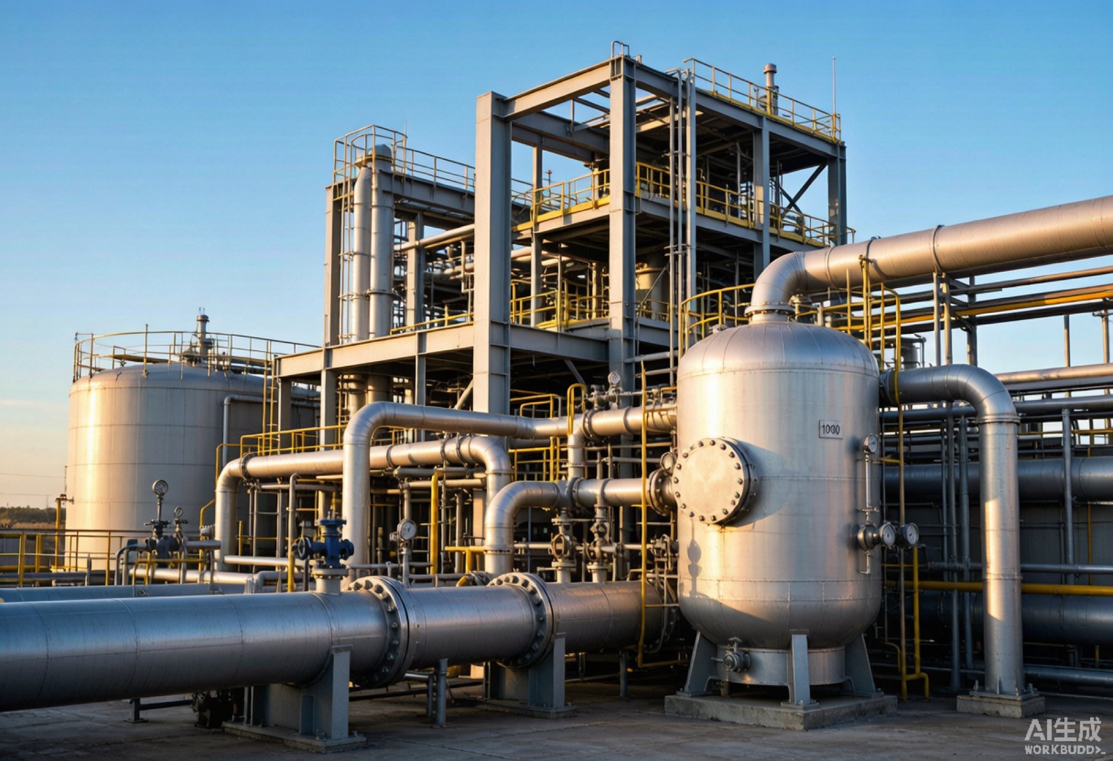 AI Visual: Onshore oil and gas processing facility with steel pipelines and structural framework
