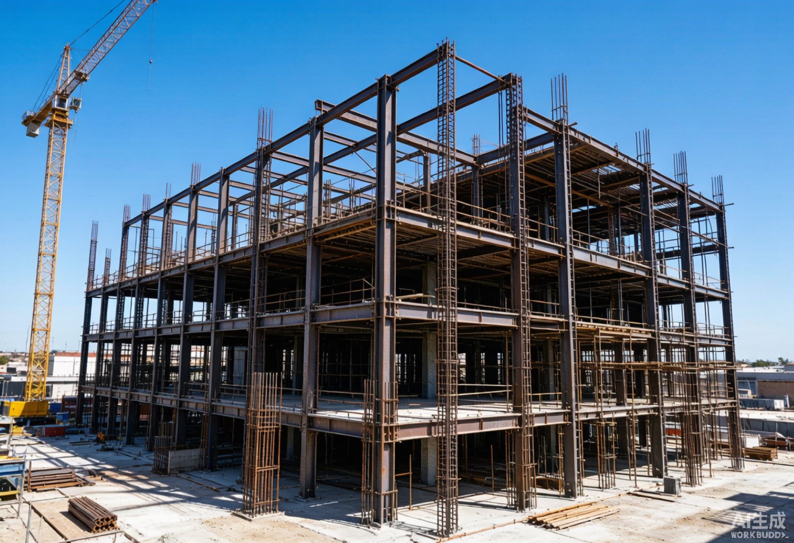 AI Visual: Large-scale commercial construction site with steel structure framework and H-beams