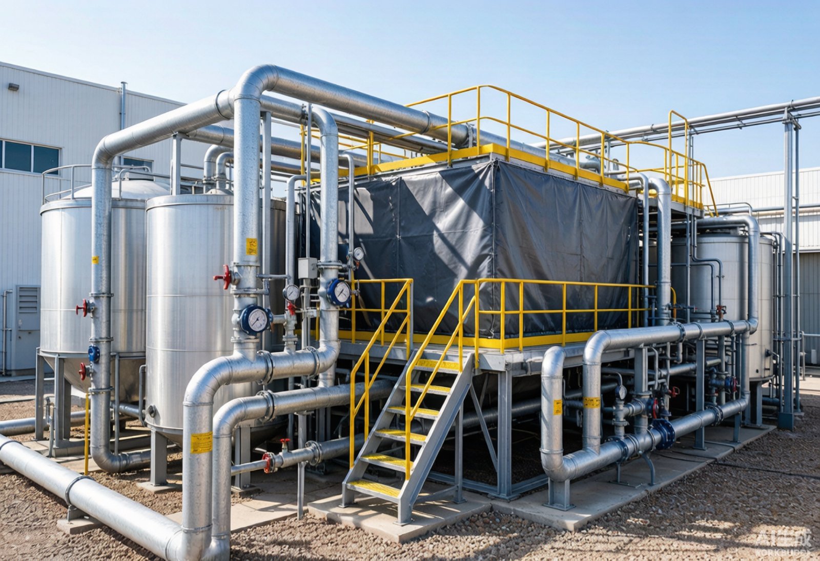 AI Visual: Industrial water treatment plant with galvanized steel piping systems