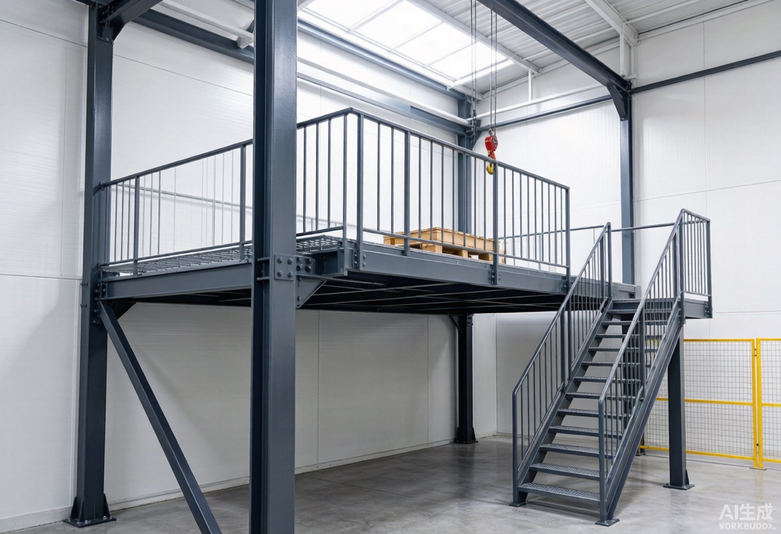 AI Visual: Industrial mezzanine platform with structural steel framework and grating