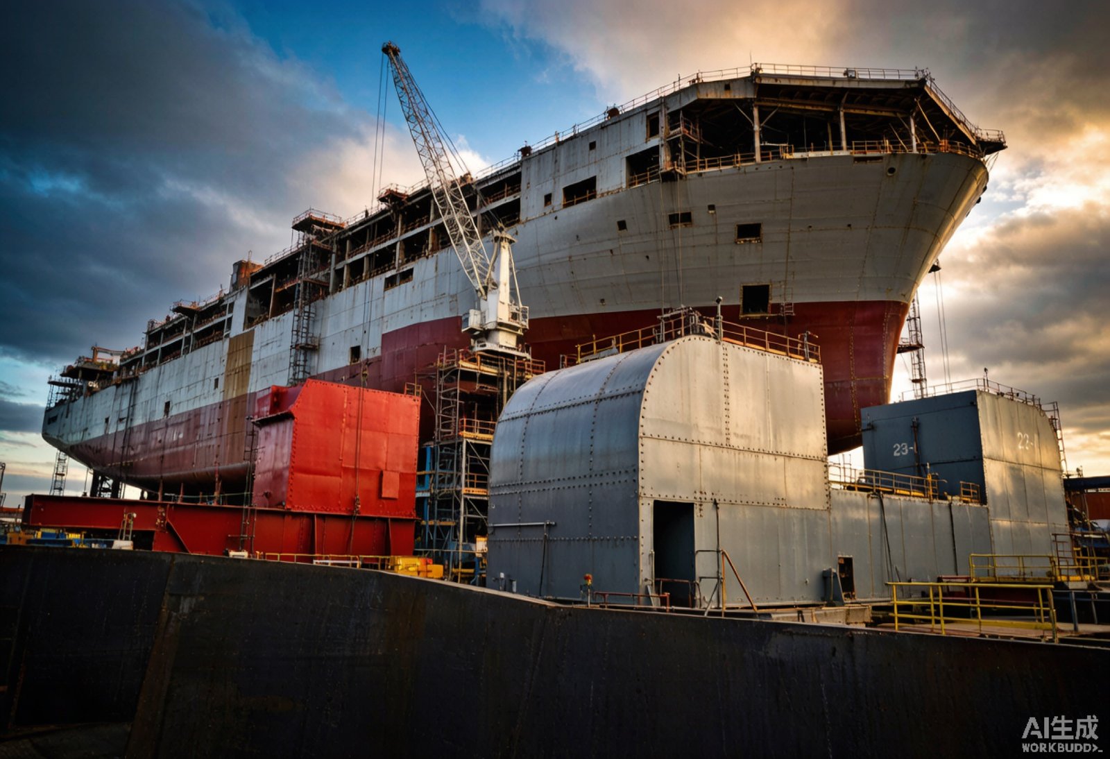 AI Visual: Shipyard with large vessel under construction using steel plate and structural sections