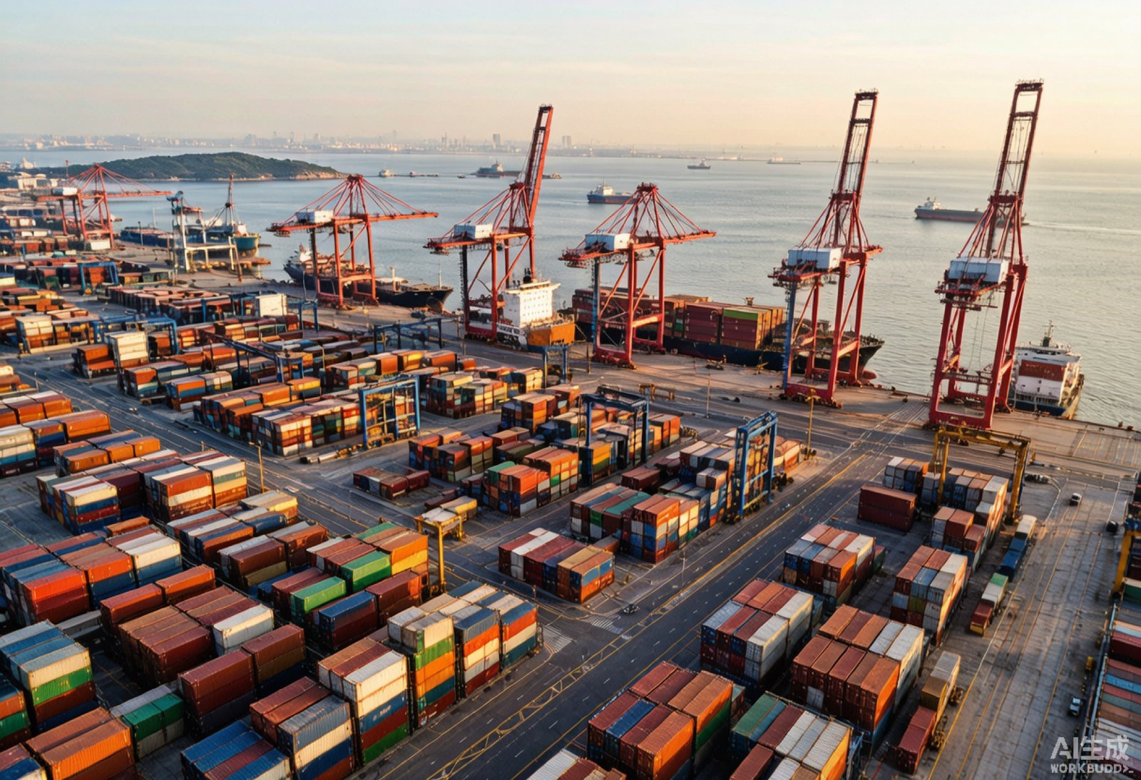 AI Visual: Aerial view of Qingdao port container terminal with cranes and ships